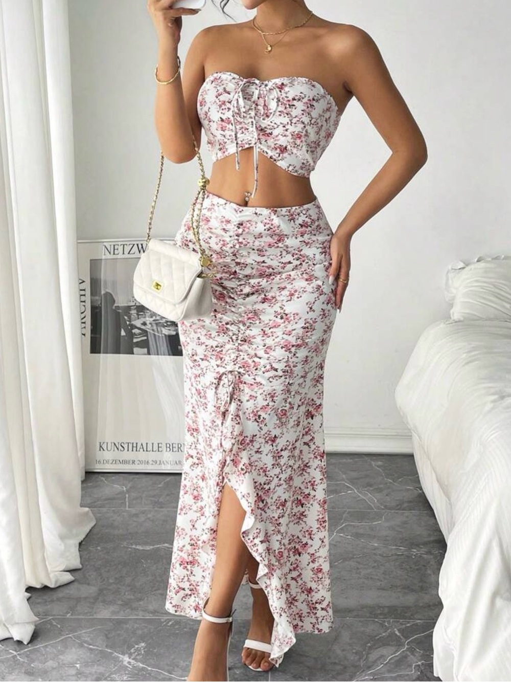 Floral White & Pink Ruched Maxi Skirt snd Top Set